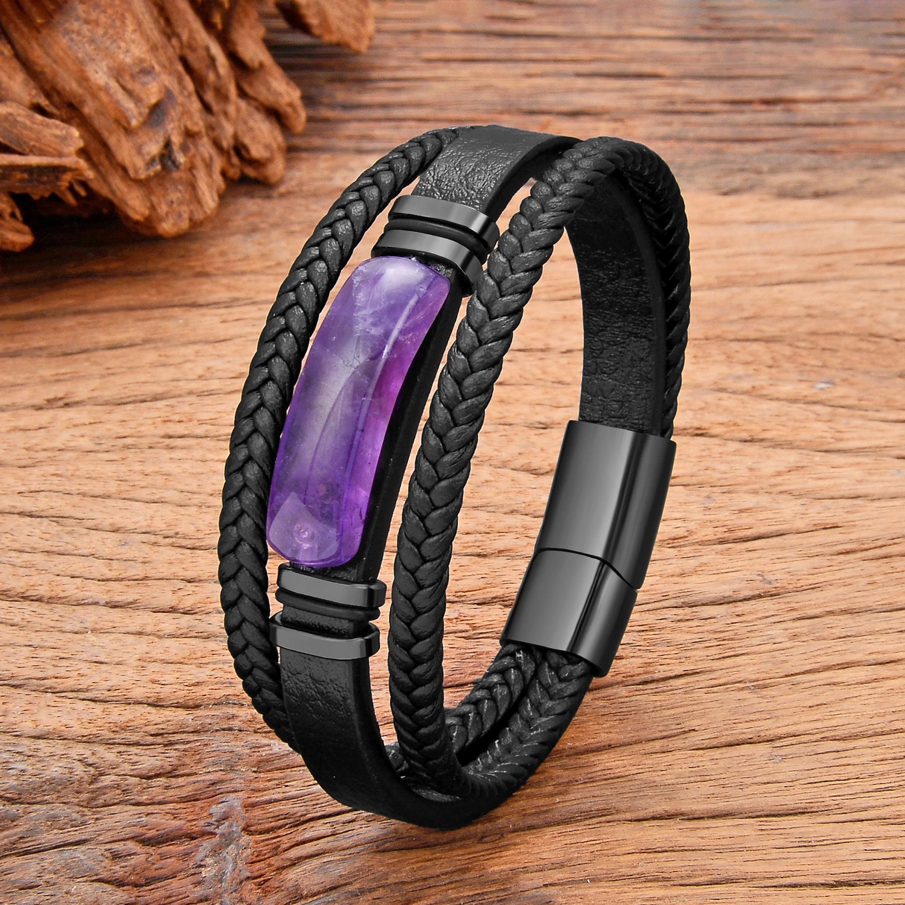 Bracelet en cuir  et Améthyste 21 cm