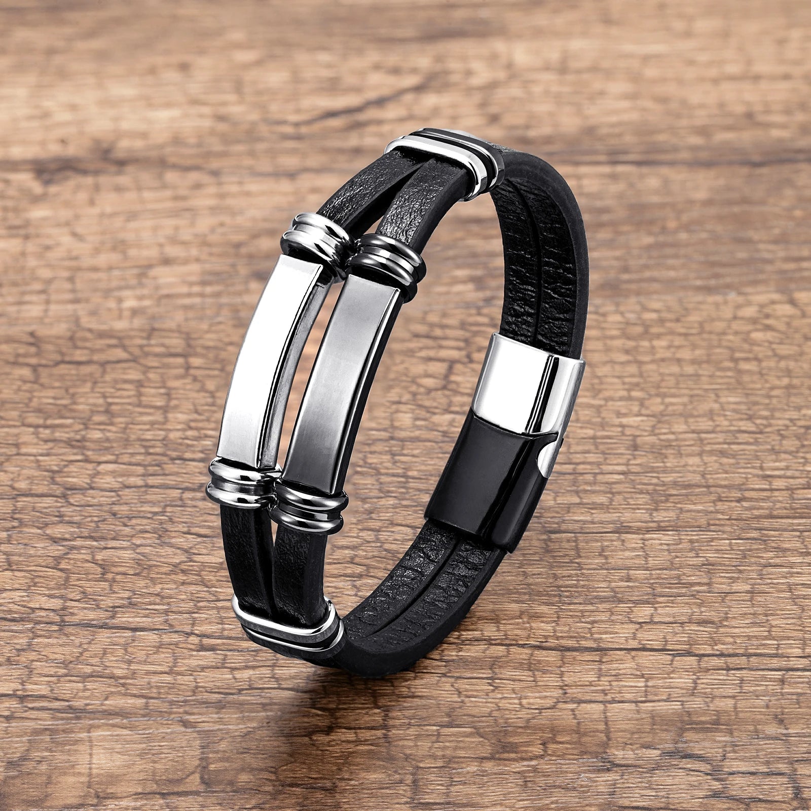 Bracelet cuir et acier inoxydable 21 cm