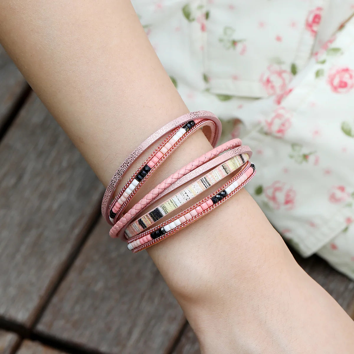 Bracelet cuir rose